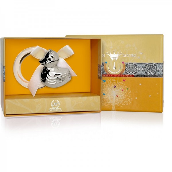Silber Rassel am Acrylring "Ente" in Geschenkverpackung