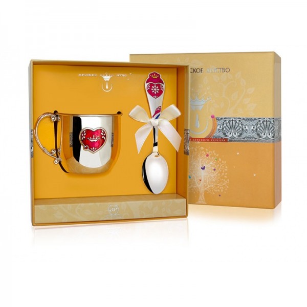 Becher & Löffel Set aus Sterlingsilber mit Emaille & vergoldet "Herz"